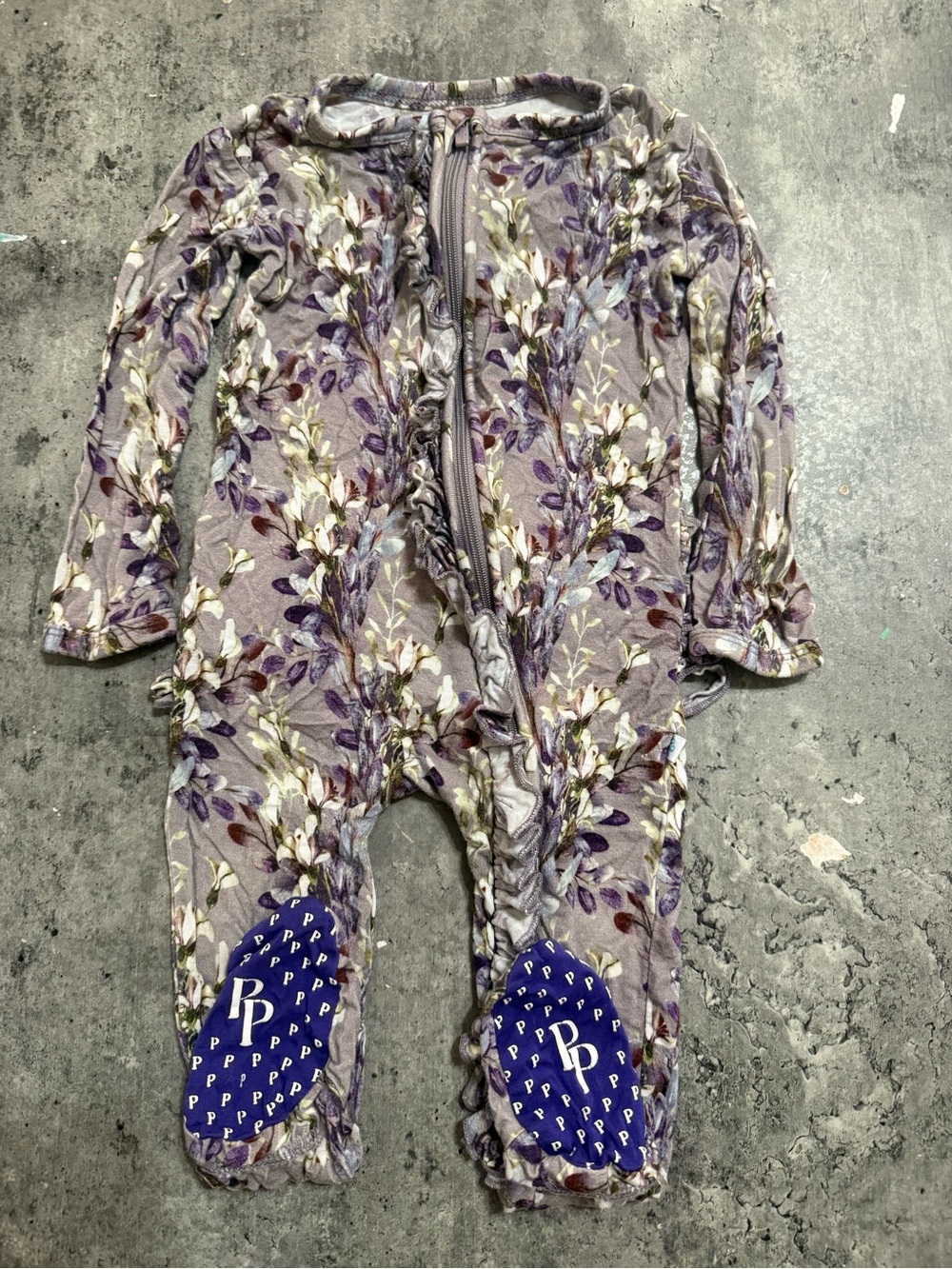 Posh Peanut Bamboo Floral Ruffle Footie Pajamas 6-9M Purple Botanical